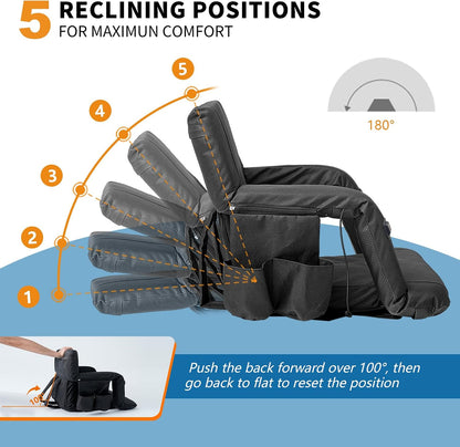 Wide Heated Stadium Seat for Bleachers w/Back Support & Cushion | 5-Position Adjustable Heated Stadium Seat with Armrests, 3 Heat Levels, Anti-Slip, Side Pockets, Backpack Straps (No Battery)