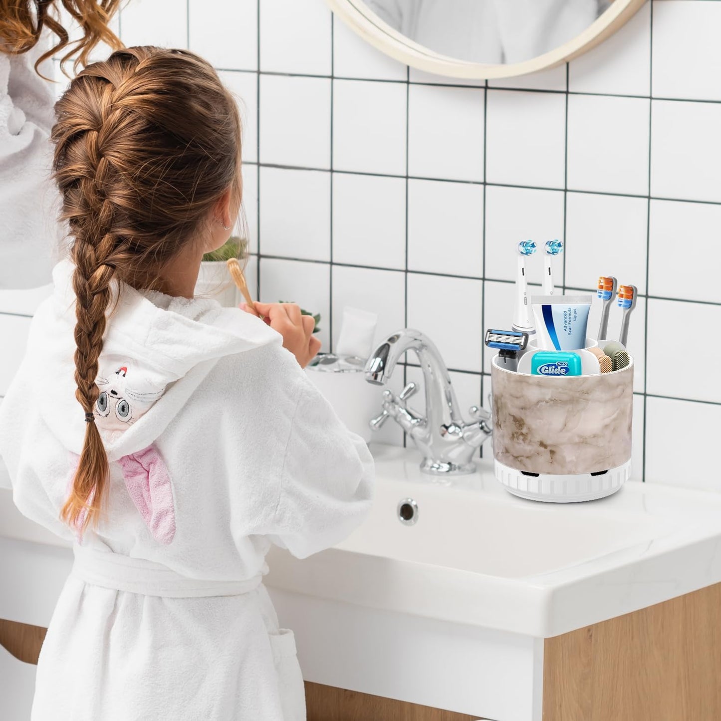 GFWARE Rotating Silver Toothbrush Holder for Bathroom Organizer, Drainage | Detachable 6 Slots Kids Electric Toothbrush and Toothpaste Holder, Bathroom Countertop Sink Storage Caddy