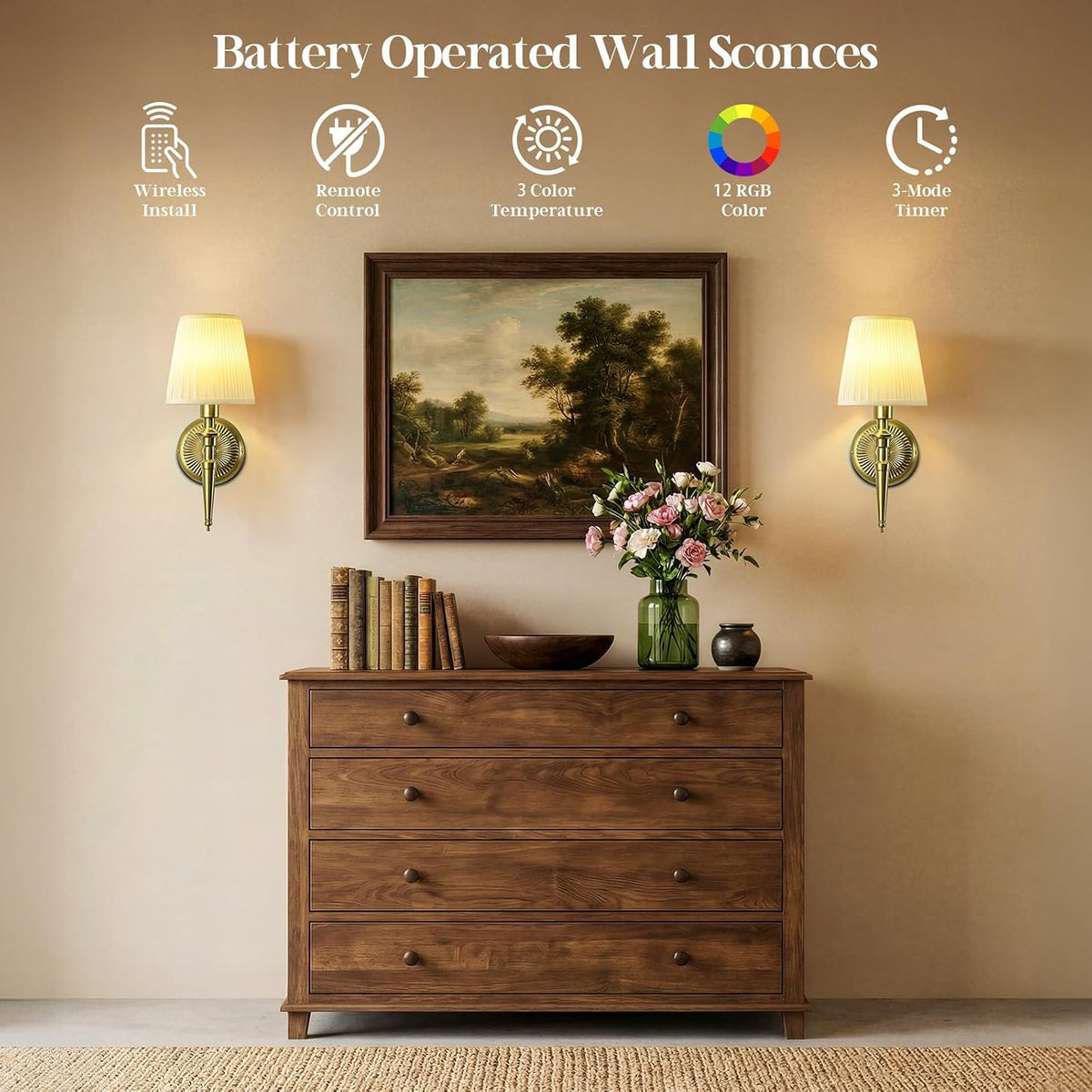 Battery Operated Wall Sconces Set of 2, Wireless Rechargeable Wall Lights with 12 RGB Colors and 3CCT Dimmable, Small Fabric LED Wall Lamps for Bedroom, Living Room, Hallway, Gold