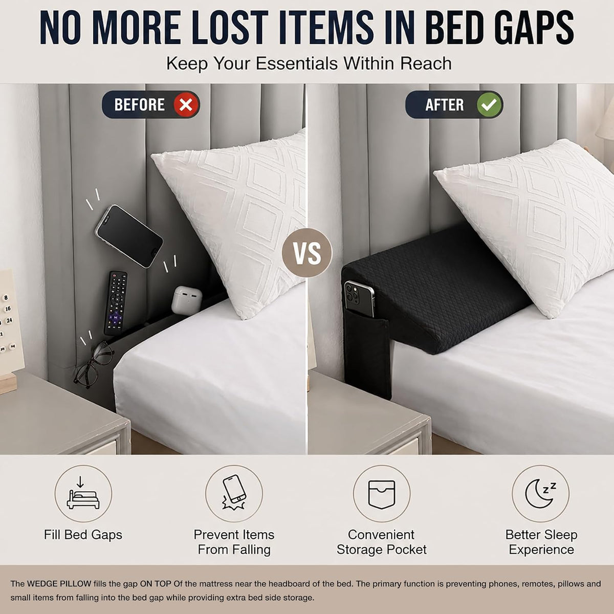 Full Size Bed Wedge Pillow for Headboard, Bed Gap Filler Black