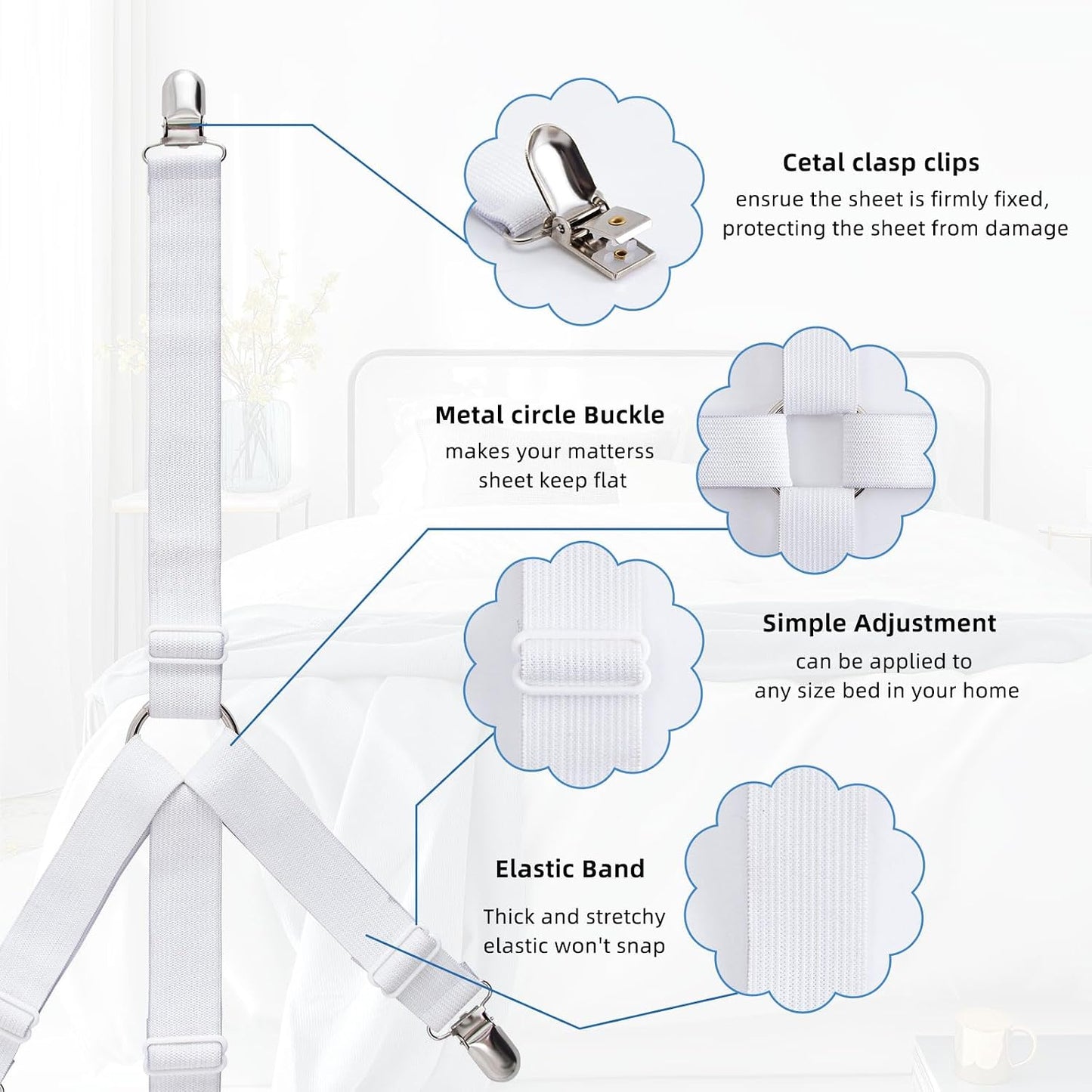4PCS Adjustable Bed Sheet Holders, Elastic Mattress Sheet Fasteners Holder with Metal Clips for Hold Sheet, Mattress, Sofa, Couch, Table Cloth, (White)