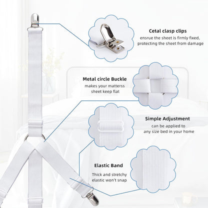 4PCS Adjustable Bed Sheet Holders, Elastic Mattress Sheet Fasteners Holder with Metal Clips for Hold Sheet, Mattress, Sofa, Couch, Table Cloth, (White)