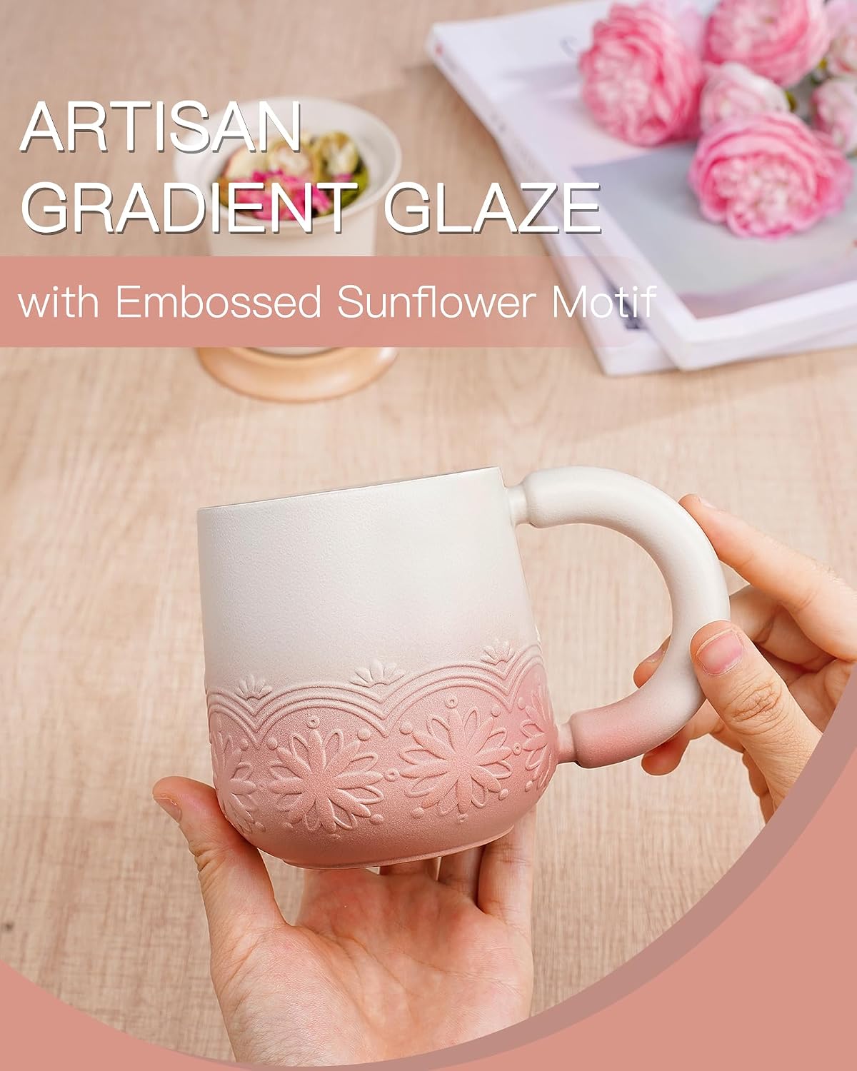 ZENS Tea Mug with Infuser and Lid for Loose Tea Diffusers, 12oz Purple | Embossed Ceramic Tea Cup with Infuser for Herbal Tea Steeper, Tea Lovers Gifts, Japandi Style Sunflower