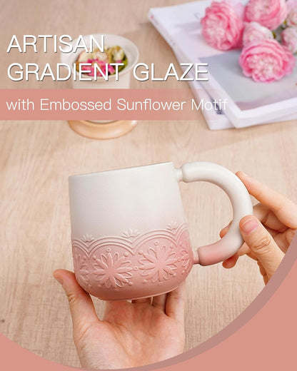 ZENS Tea Mug with Infuser and Lid for Loose Tea Diffusers, 12oz Purple | Embossed Ceramic Tea Cup with Infuser for Herbal Tea Steeper, Tea Lovers Gifts, Japandi Style Sunflower