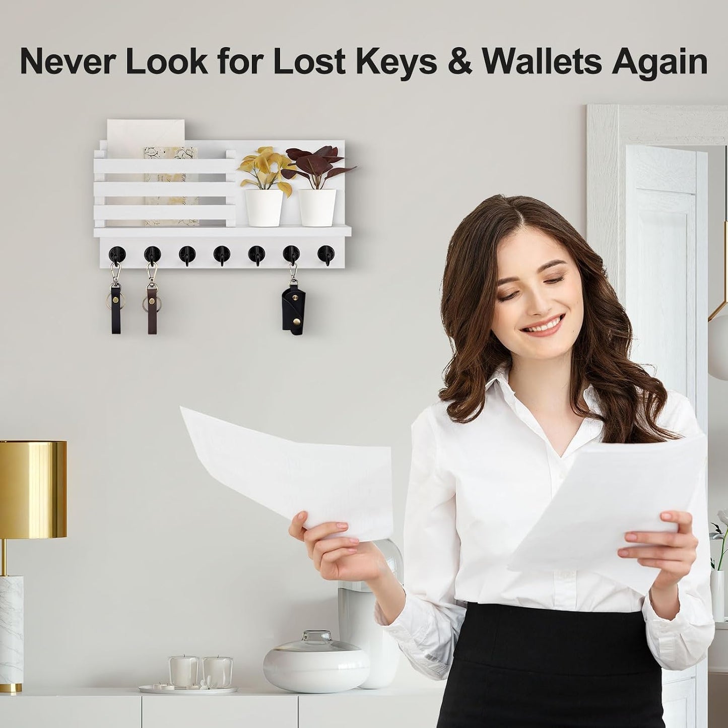 Lwenki Key Holder for Wall – Decorative Wooden Mail Holder and Key Shelf with Mounting Hardware, Installation Guide – Paulownia Wood with Metal Key Hooks (Black, Large - 11.8inch)
