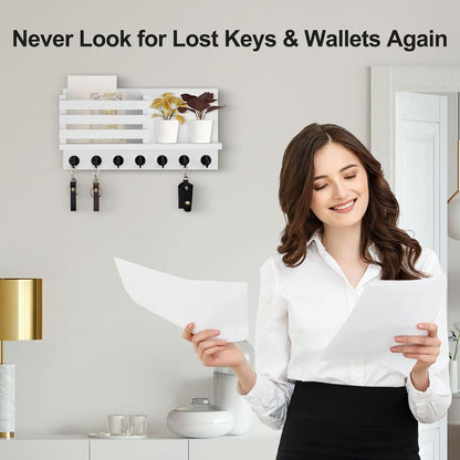 Lwenki Key Holder for Wall – Decorative Wooden Mail Holder and Key Shelf with Mounting Hardware, Installation Guide – Paulownia Wood with Metal Key Hooks (Black, Large - 11.8inch)