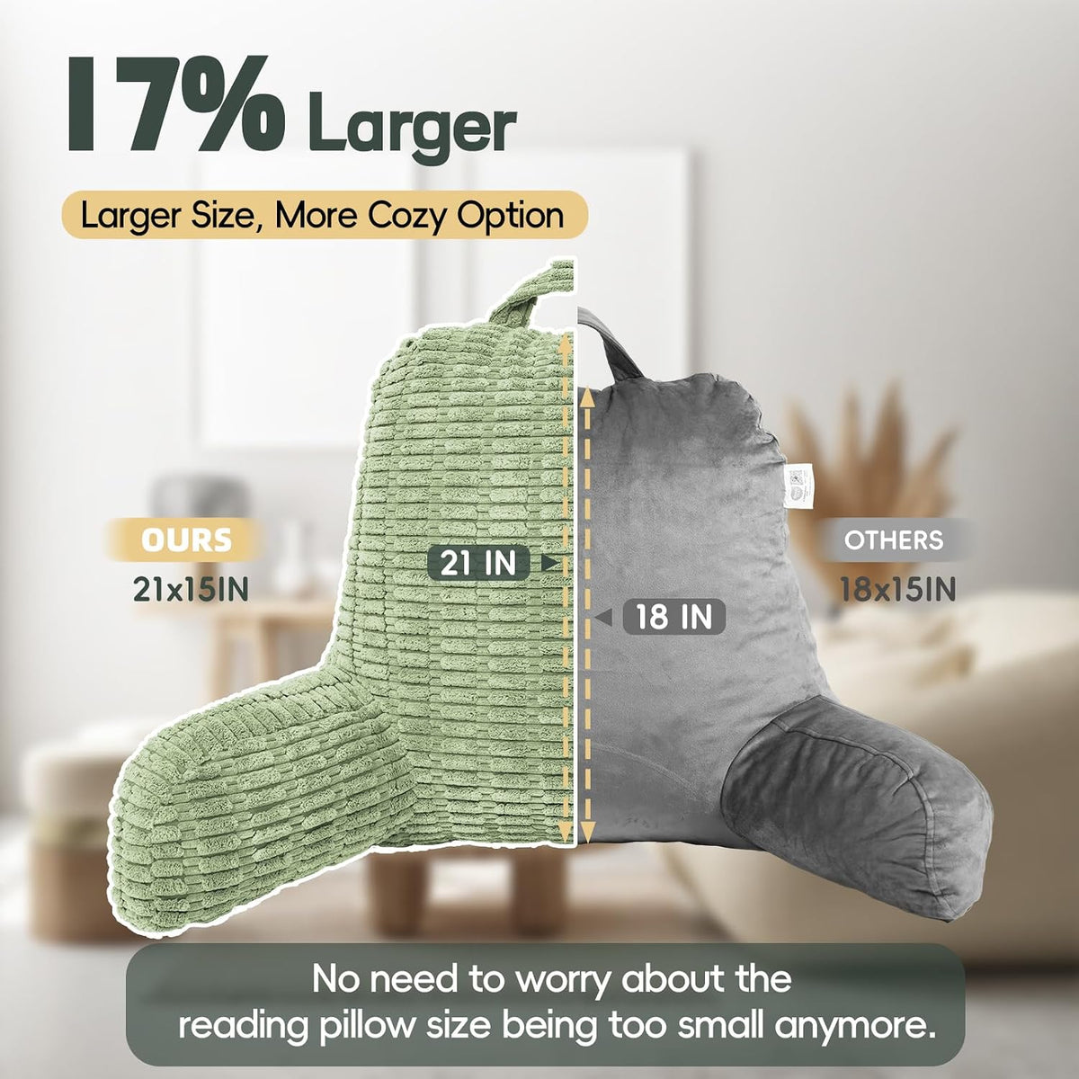 21" Higher Large Reading Pillow for Bed Adult, Back Pillow for Bed Sitting Up with Memory Foam Back Support with Arms Rest for Couch Chair Gray