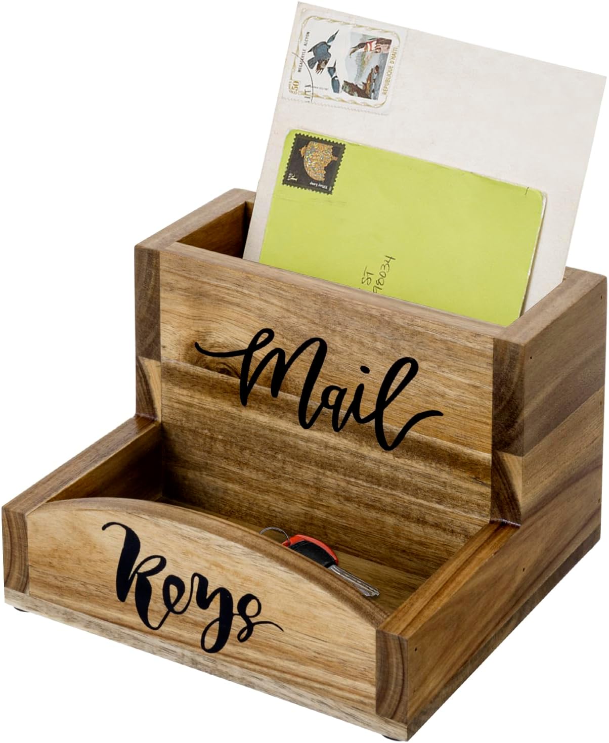 MyGift Rustic Torched Wood Mail Holder and Key Organizer Entryway Storage Tray with Cursive Mail and Keys Word Design, Office, Dorm, Classroom Desktop Organizing Bin