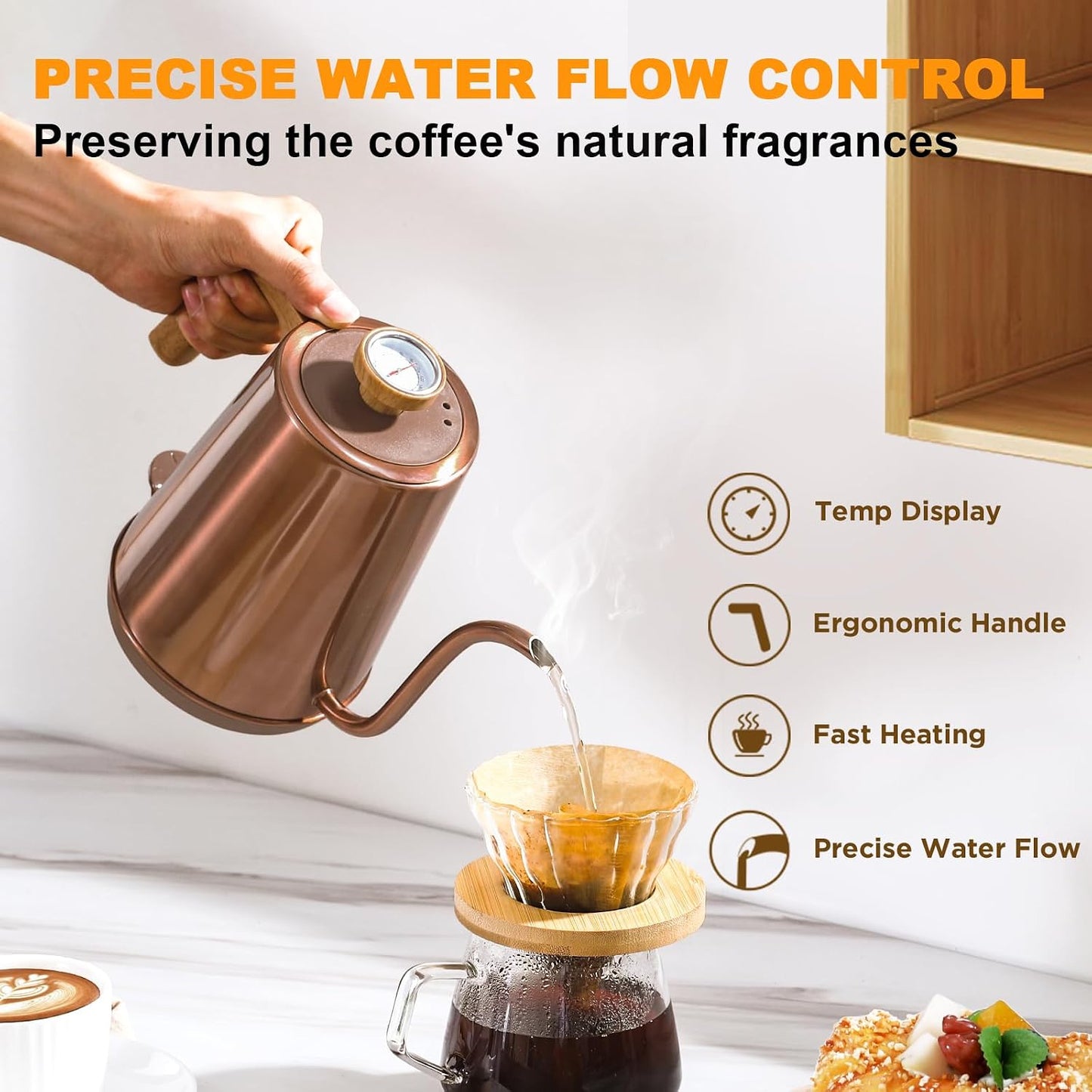 Nueve&Five Electric Gooseneck Kettle with Thermometer, 1.0L Pour Over Hot Water Kettle for Coffee and Tea, 1000W, Auto Shutoff, Boil-Dry Protection, Matte Black