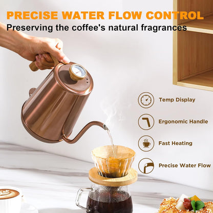 Nueve&Five Electric Gooseneck Kettle with Thermometer, 1.0L Pour Over Hot Water Kettle for Coffee and Tea, 1000W, Auto Shutoff, Boil-Dry Protection, Matte Black