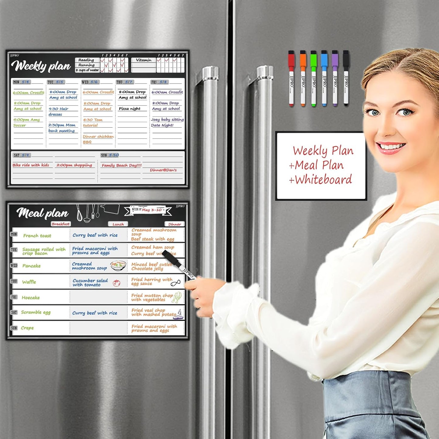 JJPRO Magnetic Dry Erase Meal Planning Whiteboard for Refrigerator-One 14.5x11 Weekly Menu Board and Two Notes Whiteboard for Kitchen Fridge-Refrigerator Organizer with Meal Planner Boards