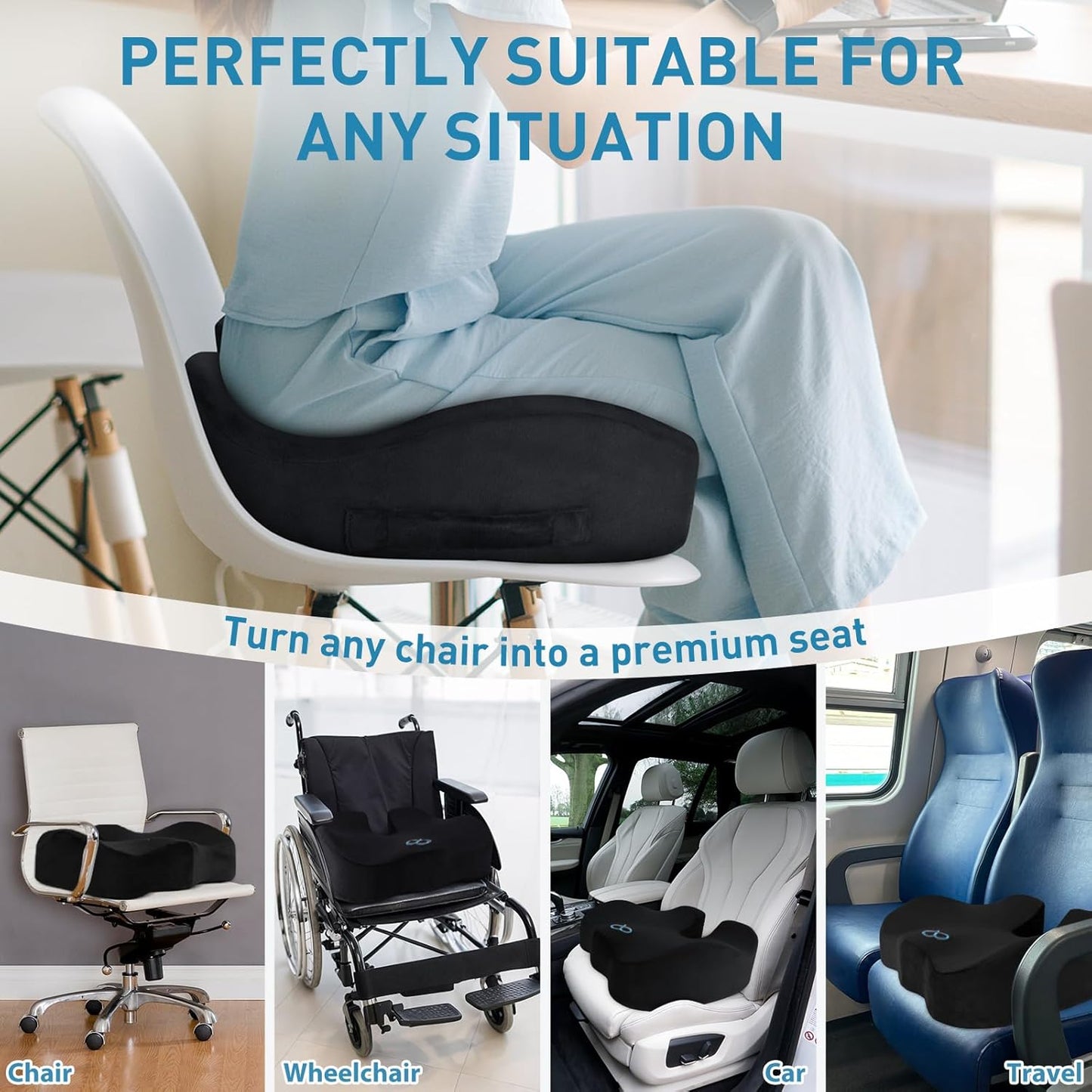 BlissTrends Memory Foam Seat Cushion for Office Chair & Car Seat, Black | 4.7in Ergonomic Tailbone & Sciatica Support with Removable Velvet Cover for Pressure Relief and Long Sitting Comfort