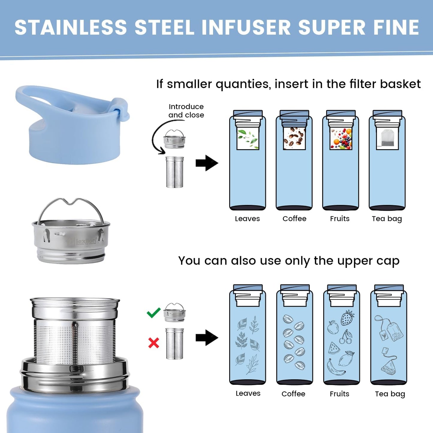 Lexlion Tea Infuser Water Bottle 22 Oz – Triple Wall Insulated Stainless Steel, Loose Leaf & Fruit Strainer, 3 Leakproof Lids, BPA-Free Silicone Sleeve, Reusable Thermal Mug