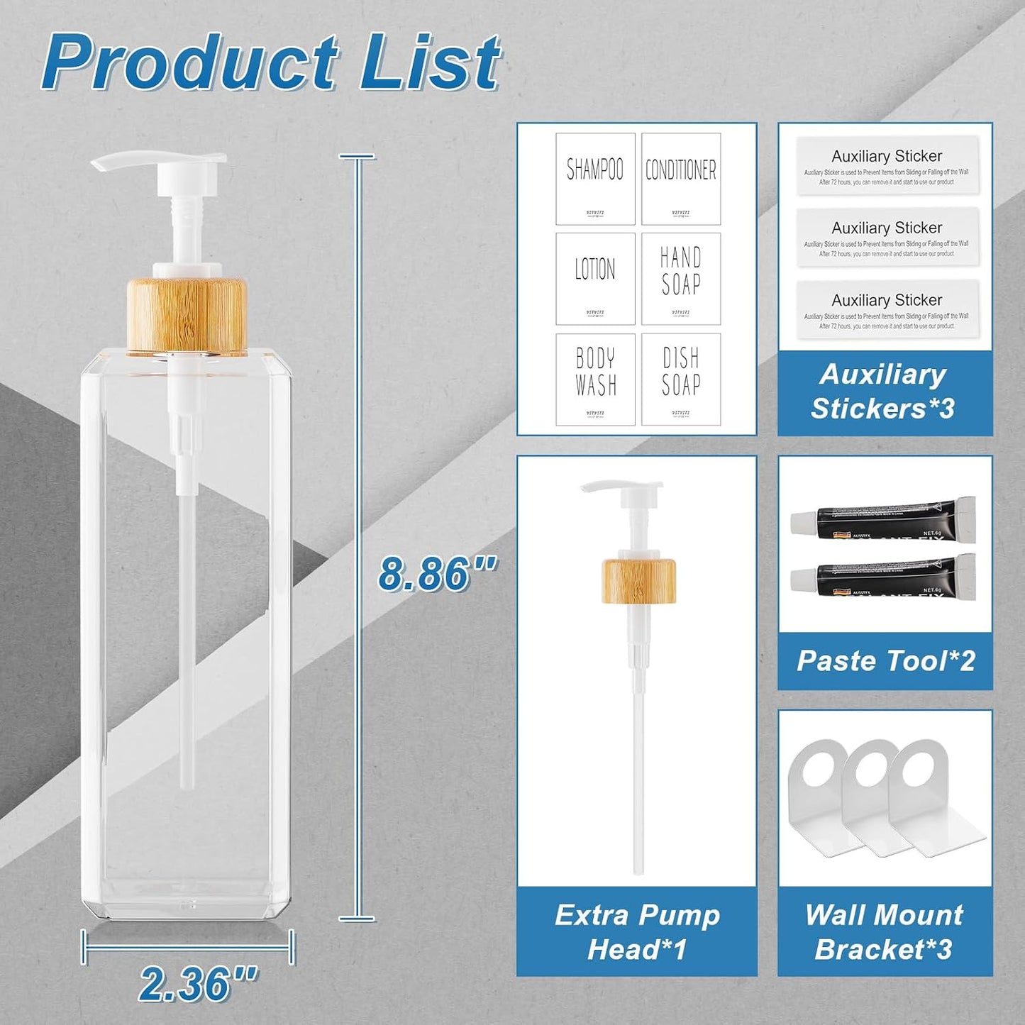 VITVITI Shampoo and Conditioner Dispenser, Shower Soap Dispenser Wall Mount | 17OZ Refillable Plastic Shampoo/Body Wash Shower Bottles for Bathroom with Pump/Labels, Bamboo Wall Mounted, Clear