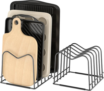 5mm Wire Cutting Board Organizer Holder Stand for Cabinet Countertop | Full silicone strip, no slipping or scratches, 1.2" slot spacing, Holds cutting boards, sheet pans, skillets inside Cabinet