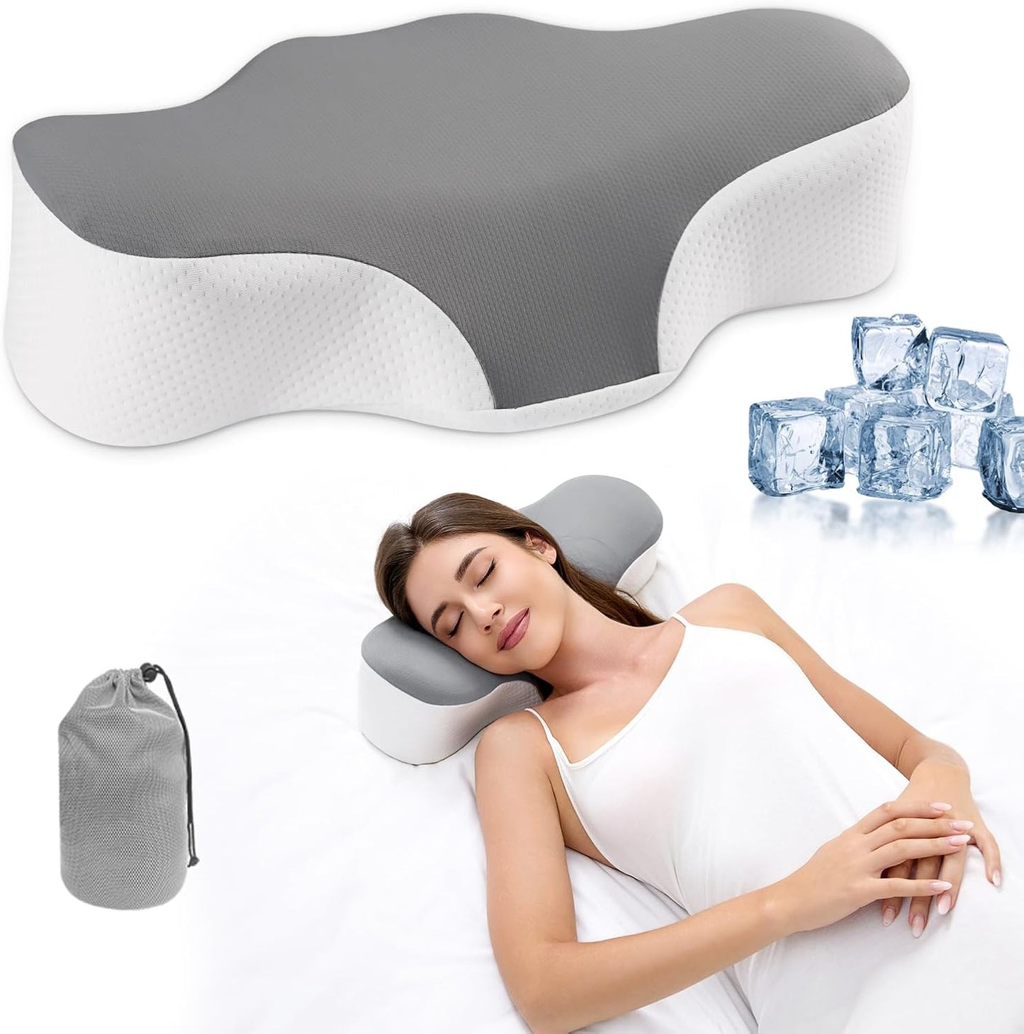 Bespilow Travel Size Cervical Neck Pillow for Sleeping,Ergonomic Support | Small Comfortable Contour Memory Foam Pillows for Neck Pain Relief, Compact Camping Pillow for RV, Road Trip, Cooling Cover