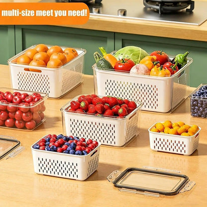 Yuonry 4 in 1 Food Storage Container, Fruit Storage Containers for Fridge, Produce Containers with Lid and Strainer, Including Drain Basket, Multipurpose Large Fruit Container for Fridge(Blue)