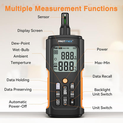 YT606 Temperature Humidity Meter High Precision Digital Hygrometer with Ambient, Relative Humidity, Dew Point, Wet Bulb Thermometer for Indoor Outdoor, Digital Thermometer Min/Max Hold, LCD Backlight | High Precision Hygrometer with Ambient, Relative