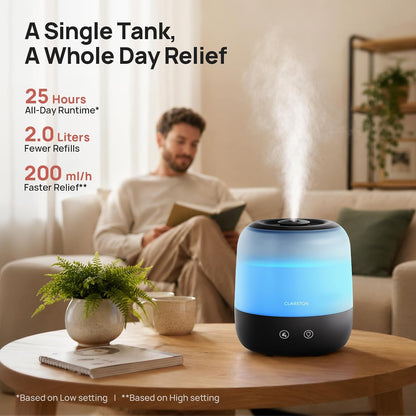 Clarston 2L Cool Mist Humidifier for Bedroom with 360° Adjustable Nozzle, High and Low Mist Levels, Ultra-Low Noise, Light-Off, No BPA, Auto Shut Off, Ideal Baby Humidifier with Easy Top Filling