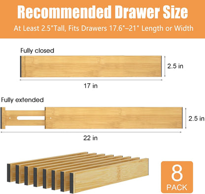 Bamboo Drawer Dividers, Adjustable Drawer Organizers, Fits 12.6–16" Drawers | 2.5" High, 4 Pack Expandable Drawer Separators for Kitchen, Nursery, Dressers & Office Storage, Natural