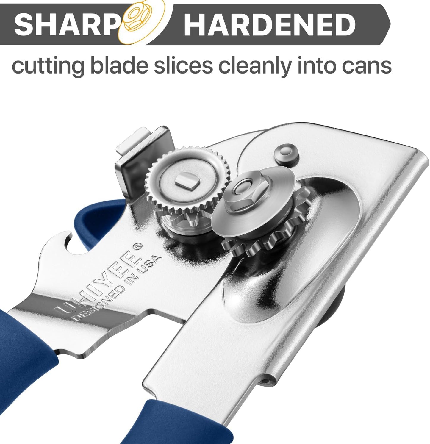 UHIYEE Heavy Duty Hand Can Opener with Comfortable Grip for Seniors, Black | Manual Can Opener, Hardened Steel Blade, Rubber-Coated Handle, Oversize Knob, Built-in Magnet & Bottle Opener