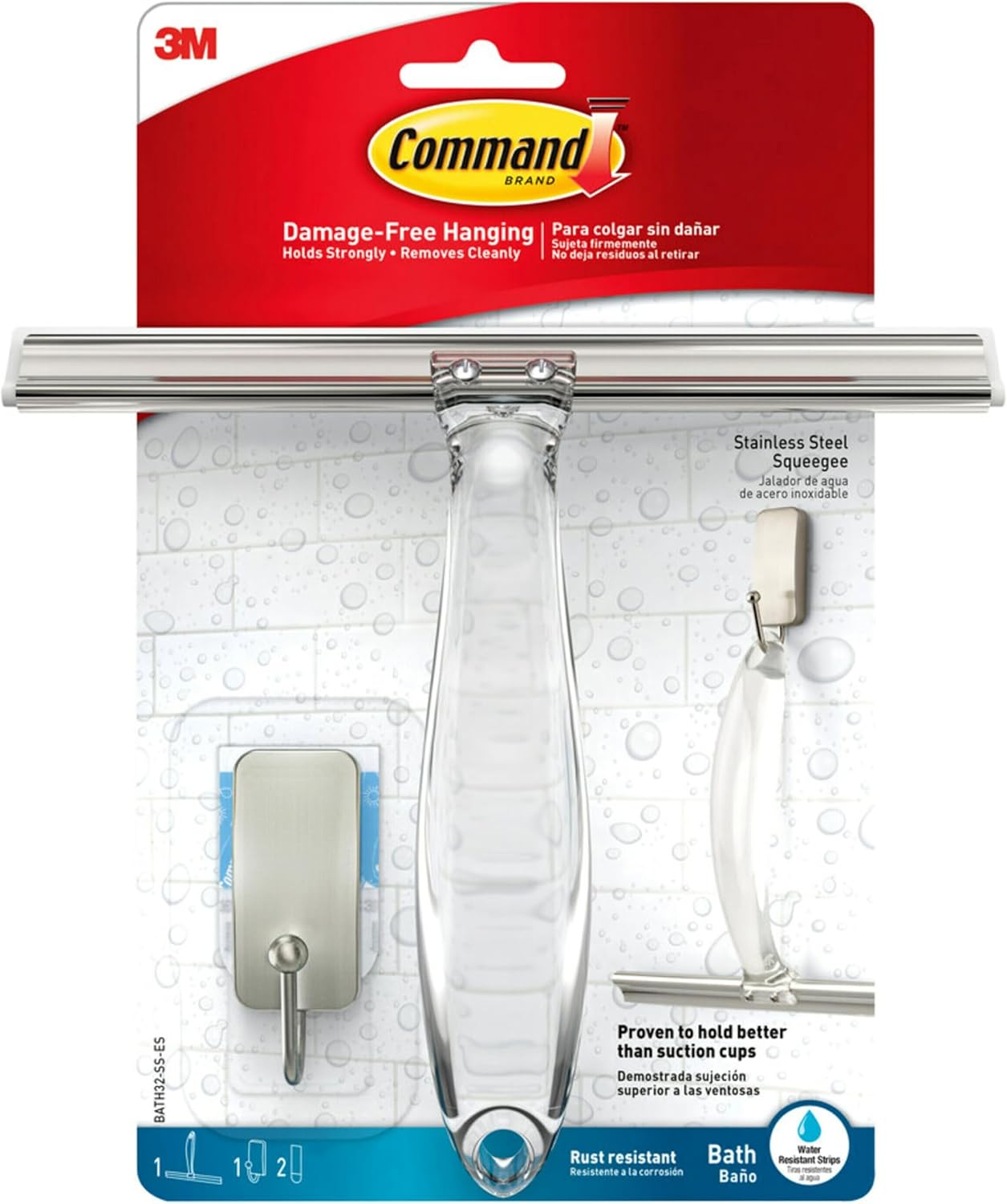 Command Bath Shower Small Water-Resistant Adhesive, Satin Nickel, 1 lb Capacity, 1 Squeegee, 1 Hook, 2 Strips, BATH32-SS-ES Caddy
