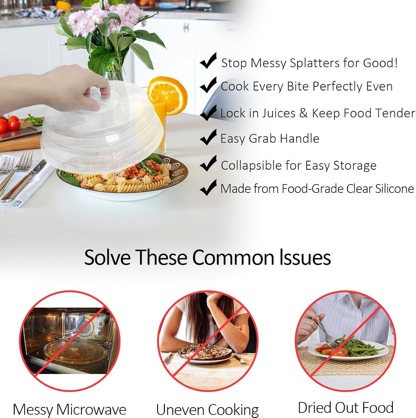 Set of 3 Collapsible Silicone Microwave Plate Cover for Food, Easy Grip Handle Clear Silicone Lids, Refrigerator Dishwasher Safe and BPA Free 7.5/9.4/10 Inch