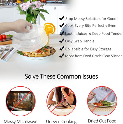 Set of 3 Collapsible Silicone Microwave Plate Cover for Food, Easy Grip Handle Clear Silicone Lids, Refrigerator Dishwasher Safe and BPA Free 7.5/9.4/10 Inch