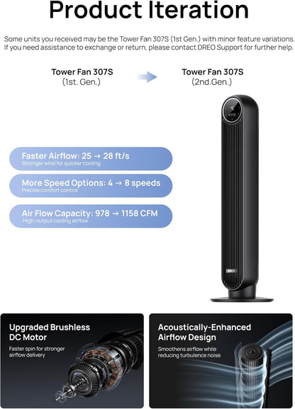 DREO Tower Fan for Bedroom, 28ft/s High Velocity, 9 Speeds, DC Motor