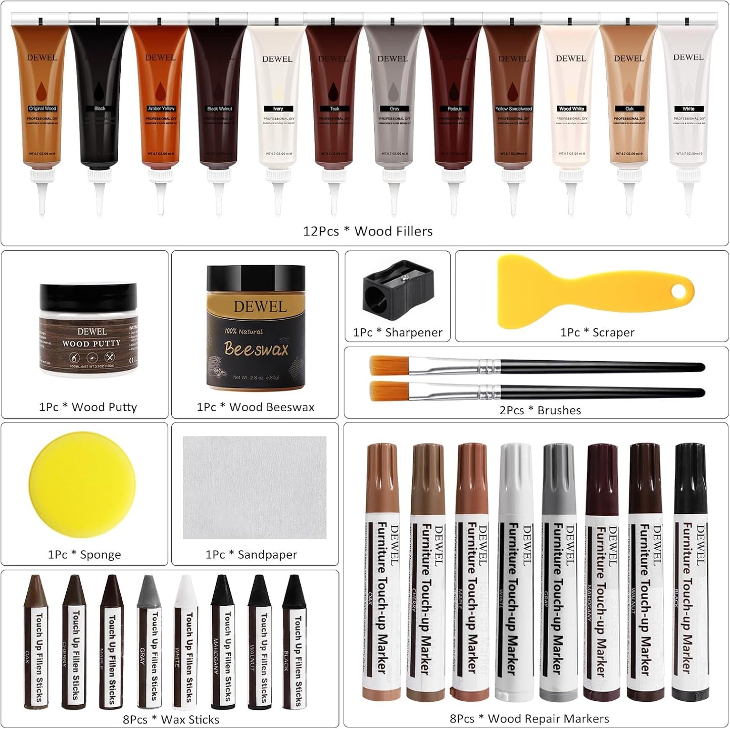 DEWEL Wood Furniture Repair Kit, New Upgrade Wood Fillers, Furniture Touch Up Markers, Wax Sticks, Wood Putty with Beeswax for Cracks, Wood Hole, Scratches, Floor, Table, Door
