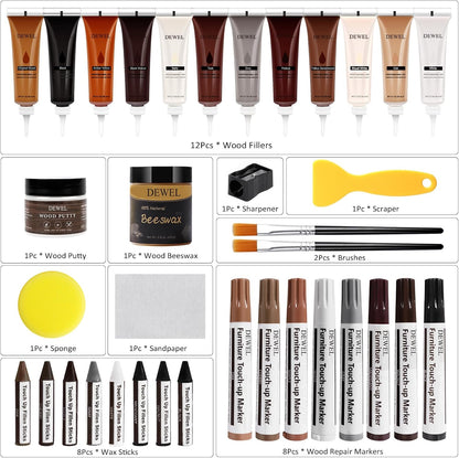 DEWEL Wood Furniture Repair Kit, New Upgrade Wood Fillers, Furniture Touch Up Markers, Wax Sticks, Wood Putty with Beeswax for Cracks, Wood Hole, Scratches, Floor, Table, Door