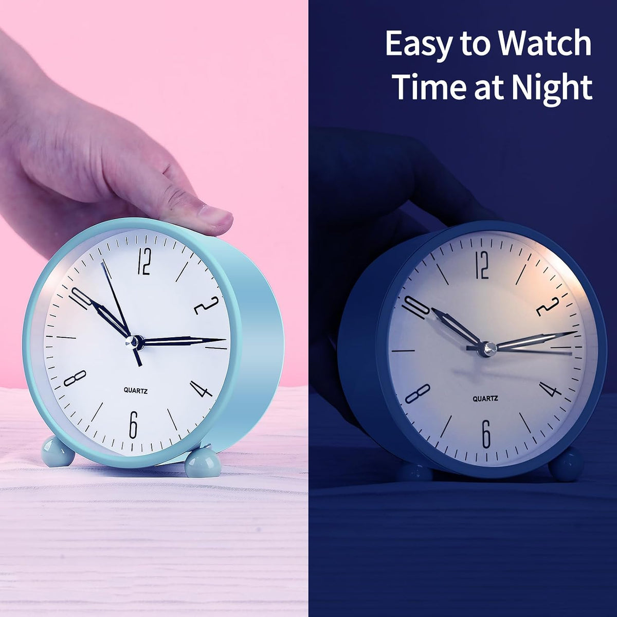 pxy Loud Alarm Clock for Heavy Sleepers 3D Dial Battery Operated (Battery Include), 4" Super Silent Analog Alarm Clock for Kids with Night Light PT260 Silver OrangePT505 Green White