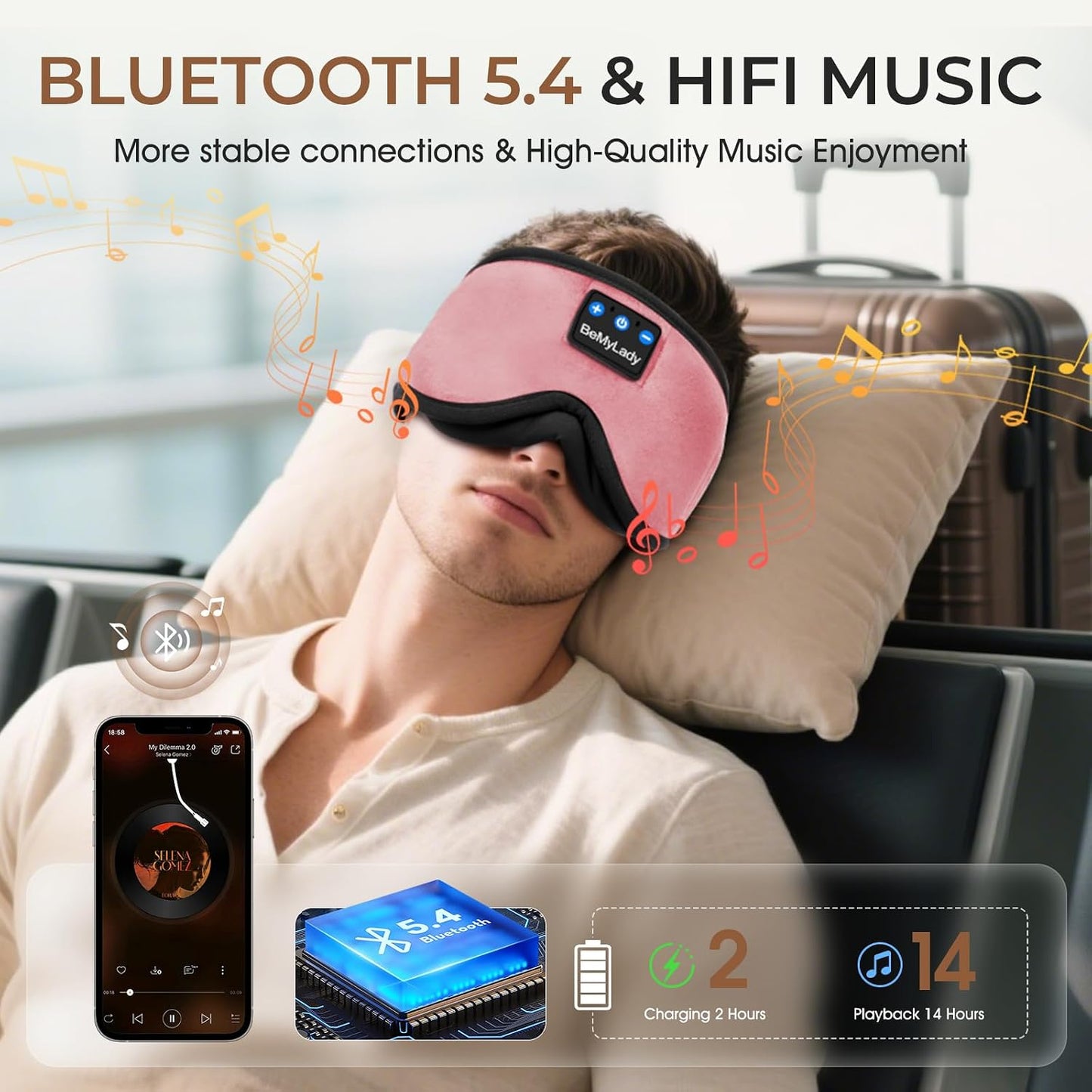 3D Bamboo Cotton Sleep Mask with Bluetooth 5.4 Headphone, Music Wireless Bluetooth Blackout Eye Mask for Side Sleepers, Earphones HD Speaker Microphone for Travel, Gifts for Women Men, Grey