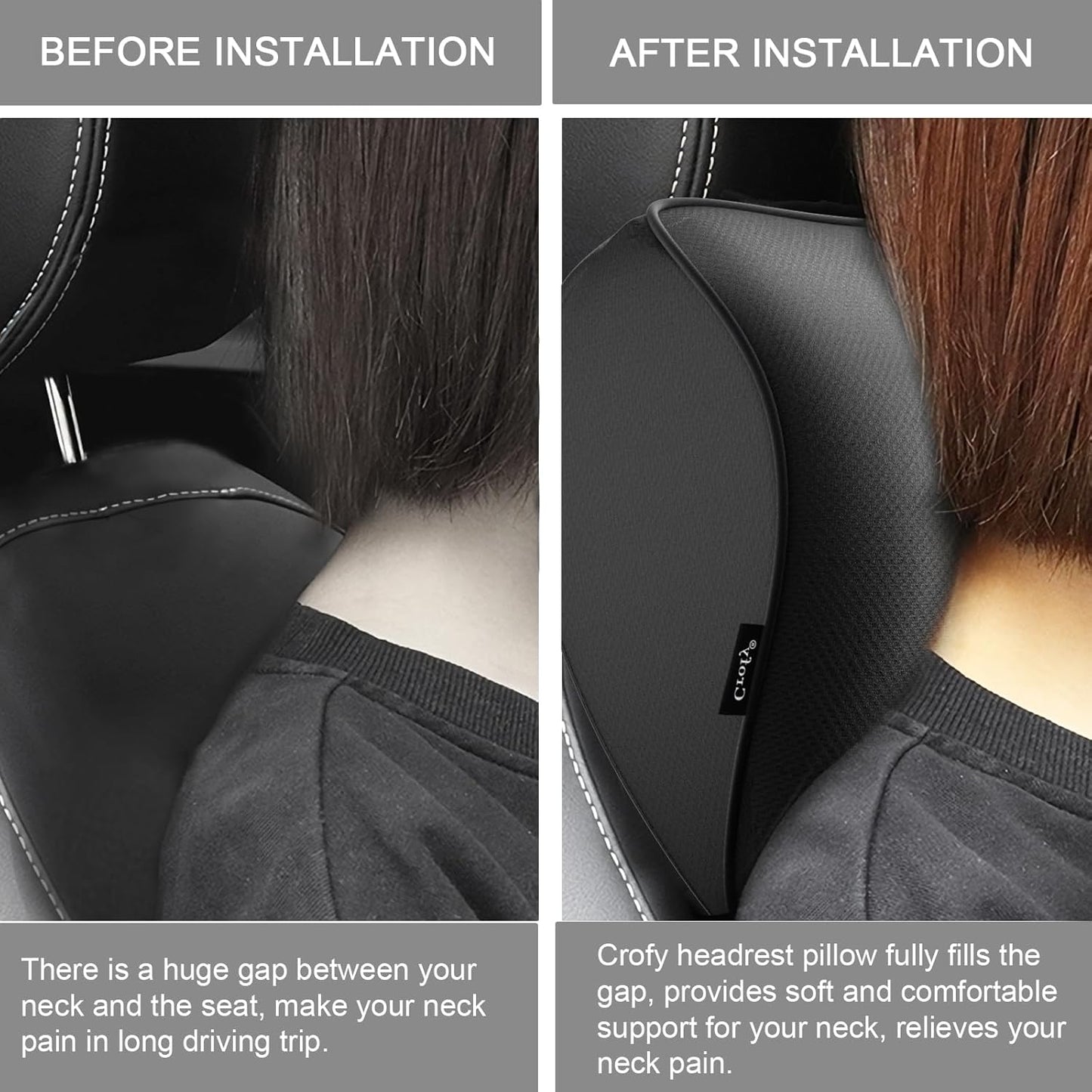 Crofy 2-Pack Car Neck Pillow, Headrest Pillow with Adjustable Strap, Black | Soft Memory Foam; Ergonomic Design Fits Most Car & Office Chairs; Breathable Removable Pillow Cover Is Machine Washable