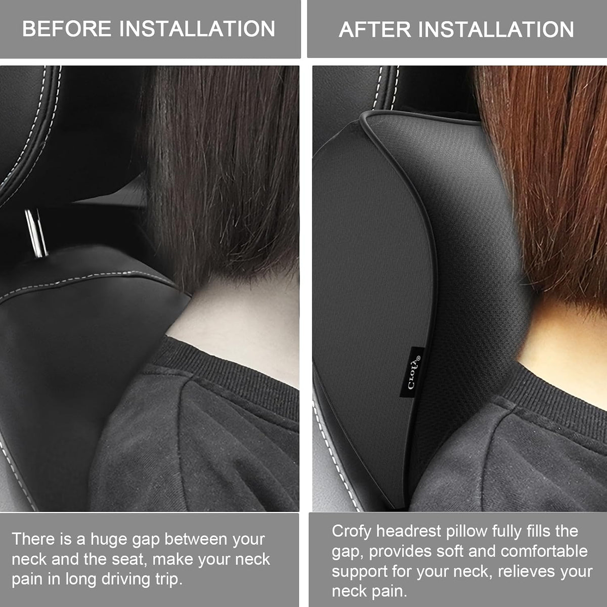Crofy 2-Pack Car Neck Pillow, Headrest Pillow with Adjustable Strap, Black