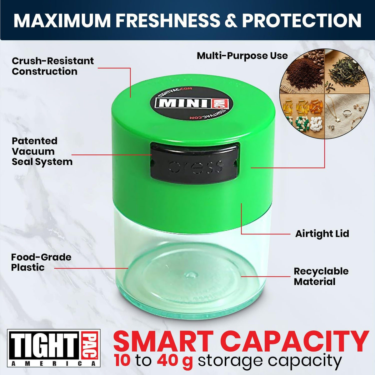 Minivac - 10g to 30 grams Airtight Multi-Use Vacuum Seal Portable Storage Container for Dry Goods, Food, and Herbs - Green Clear