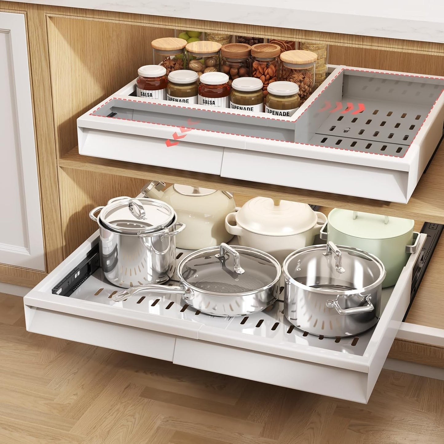 Seinloes Pull Out Cabinet Organizer, 4-Side Expandable to Fit Most Cabinets, 3 Rail Slide Out Drawers with Raising Pad for Framed & Frameless Cabinets, 13"-21" W x 17"-24" D, White, 2 Pack