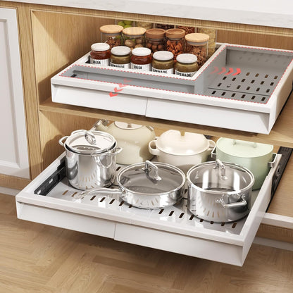 Seinloes Pull Out Cabinet Organizer, 4-Side Expandable to Fit Most Cabinets, 3 Rail Slide Out Drawers with Raising Pad for Framed & Frameless Cabinets, 13"-21" W x 17"-24" D, White, 2 Pack