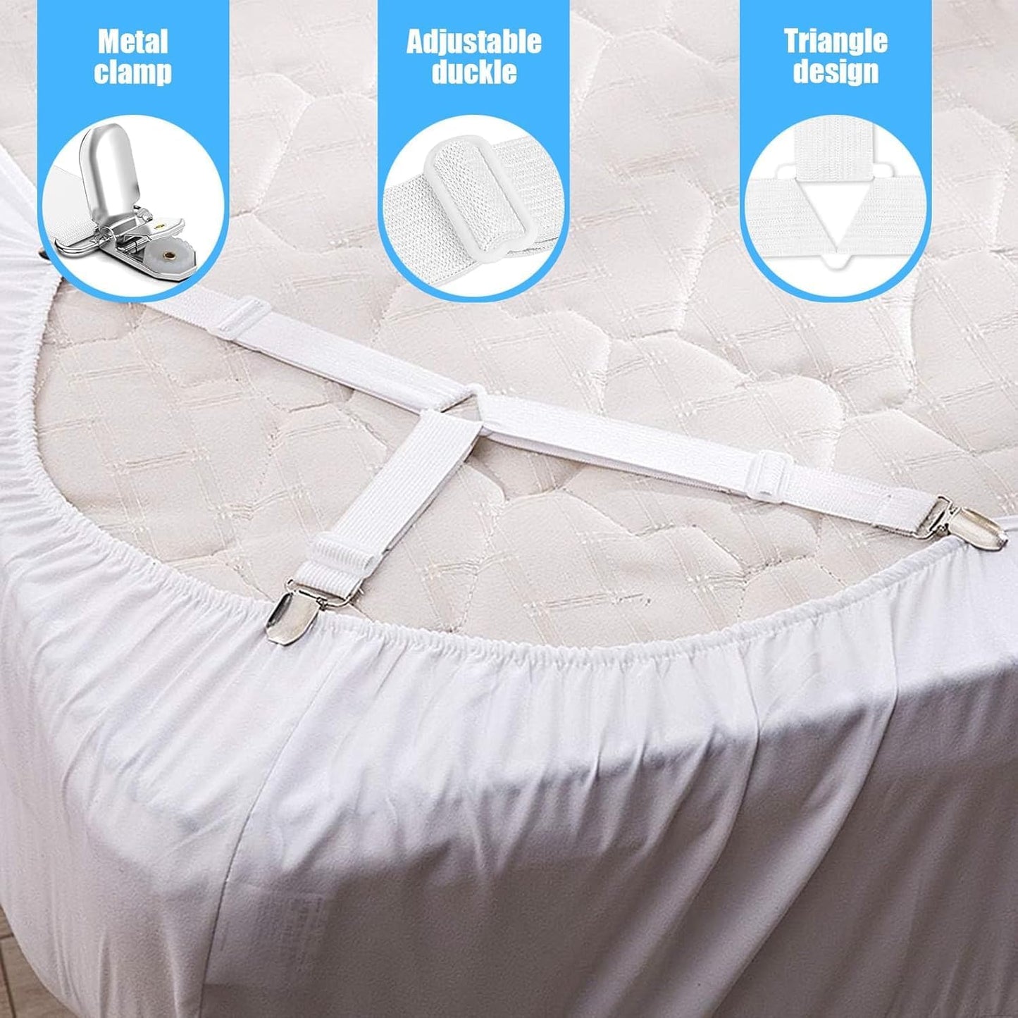 8 Pcs White Bed Sheet Holder Straps Adjustable Heavy Duty Clips | Elastic Fitted Sheet Fastener Keeper Mattress Clip