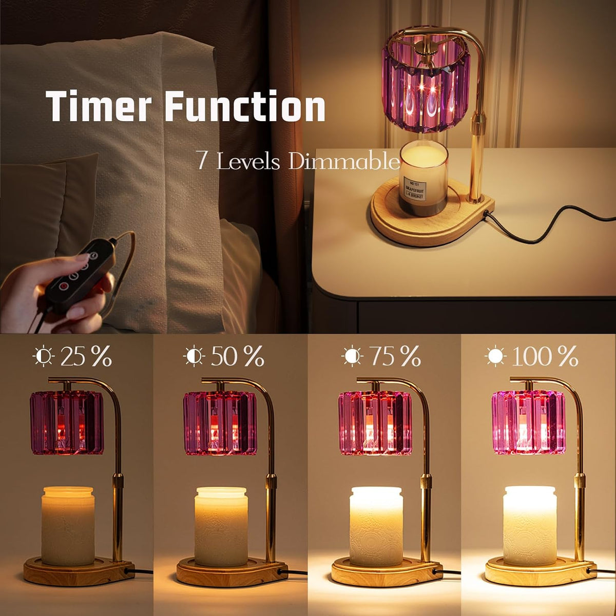 IN HAPPY Purple Candle Warmer Lamp with Timer & Dimmer, Gifts for Women, Housewarming Gifts for New Home, Adjustable Height Candle Warmer Lamp with 2 Bulbs for Jar Candles, Bedroom Home Decor