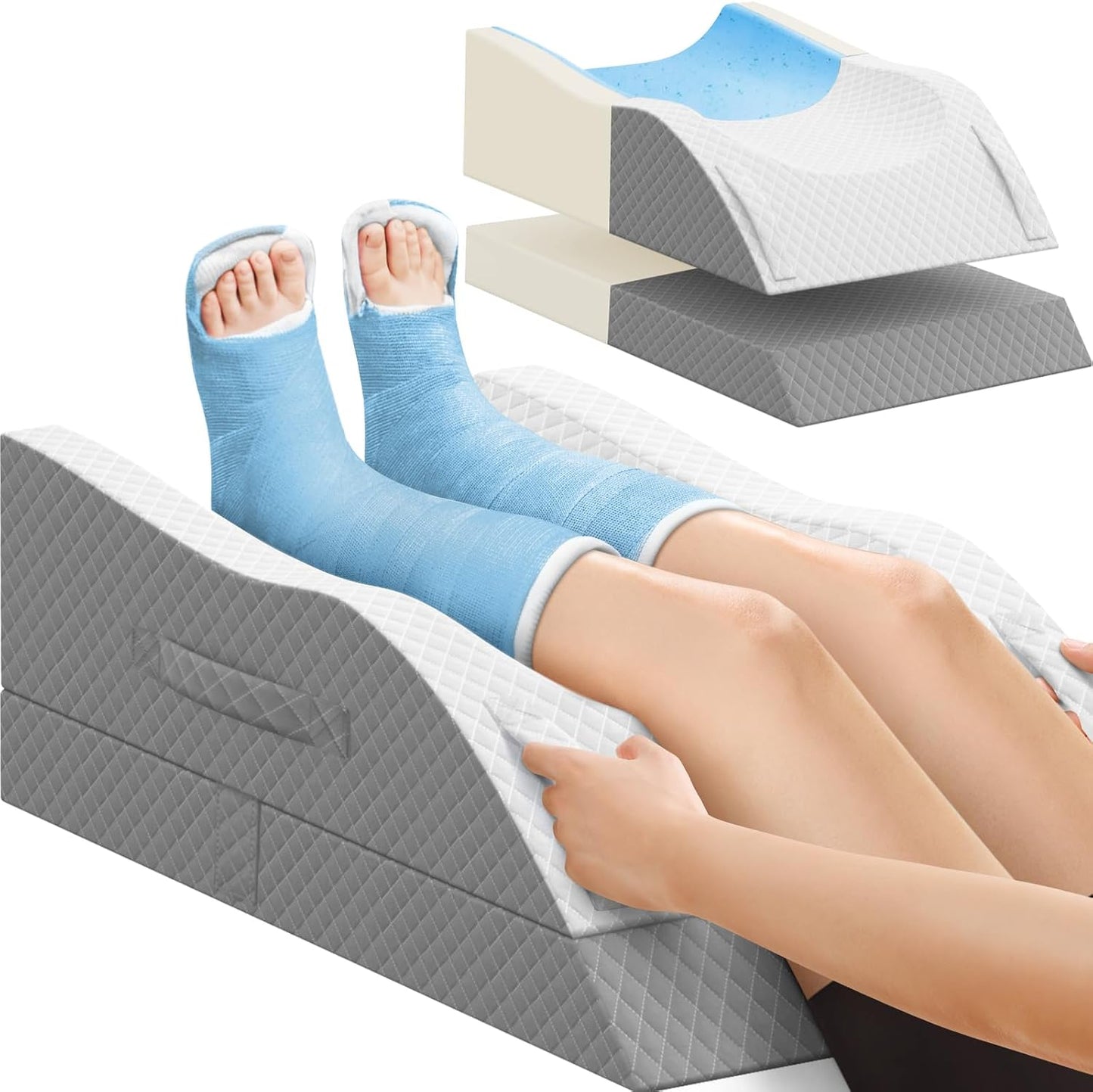 TranquilRelax Leg Elevation Pillows for After Surgery, Wedge Pillow, Grey | Memory Foam, All-around Knee & Ankle Support for Swelling, Height-adjustable, Nop-Slip Bottom, Washable Cover, Single-leg