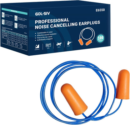Silicone Corded Ear Plugs, 100 Pairs, SNR 32dB, Orange | Reusable noise reduction earplugs with string. Individually wrapped. For work, construction sites & industrial use.