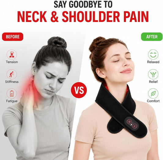 Cordless Neck Heating Pad with Red Light Technology, Neck Massager with 3 Heat Levels & Massage Modes, 3000mAh Rechargeable Heated Massager with 660nm 850nm Red Light, Black