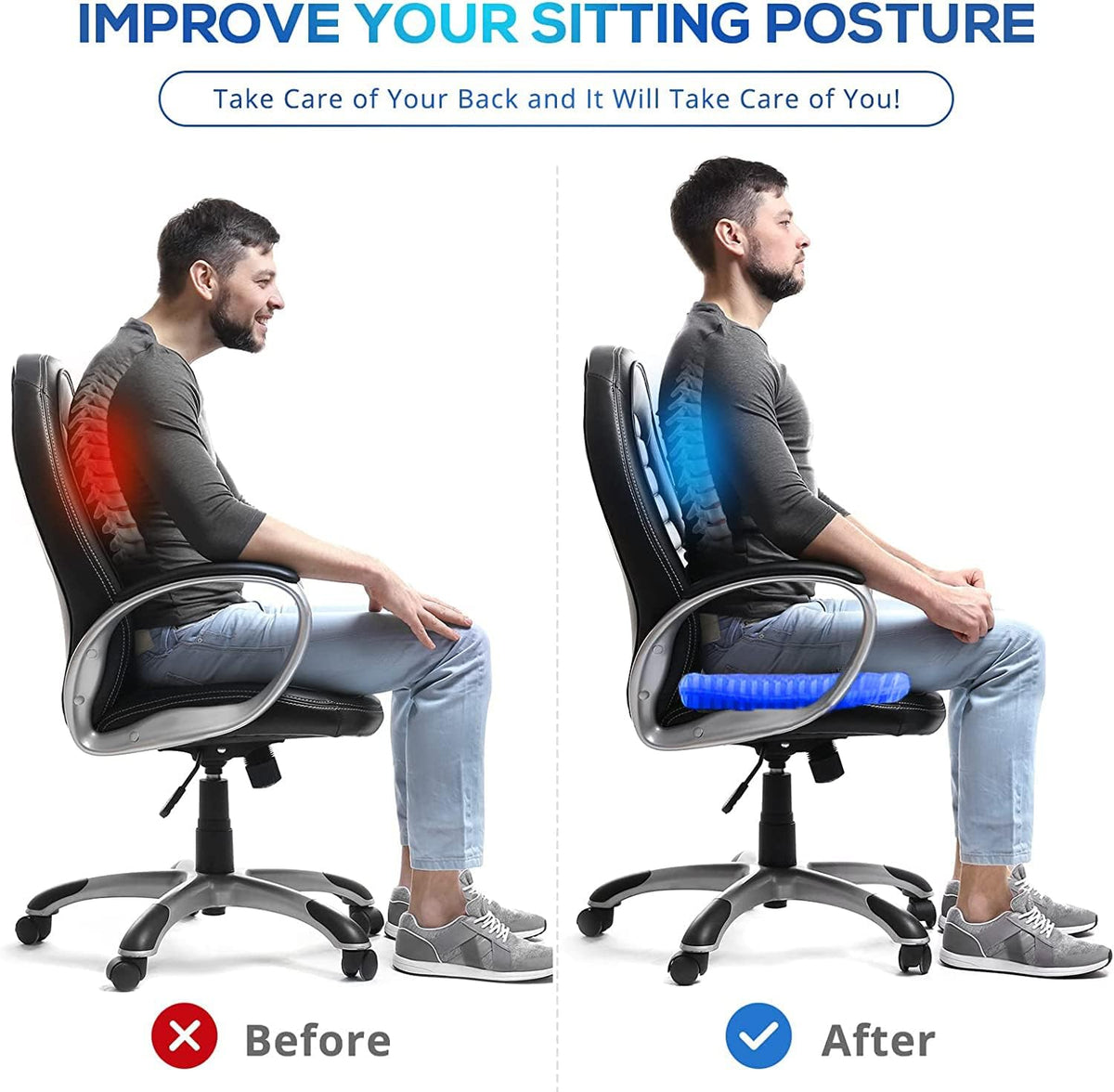 Gel Seat Cushion for Long Sitting - 1.65inch Double Thick Cooling Egg Cushion for Back, Hip, Sciatica, Coccyx, Tailbone Pain Relief - Office Chair Car Seat Cushion – Wheelchair Cushions