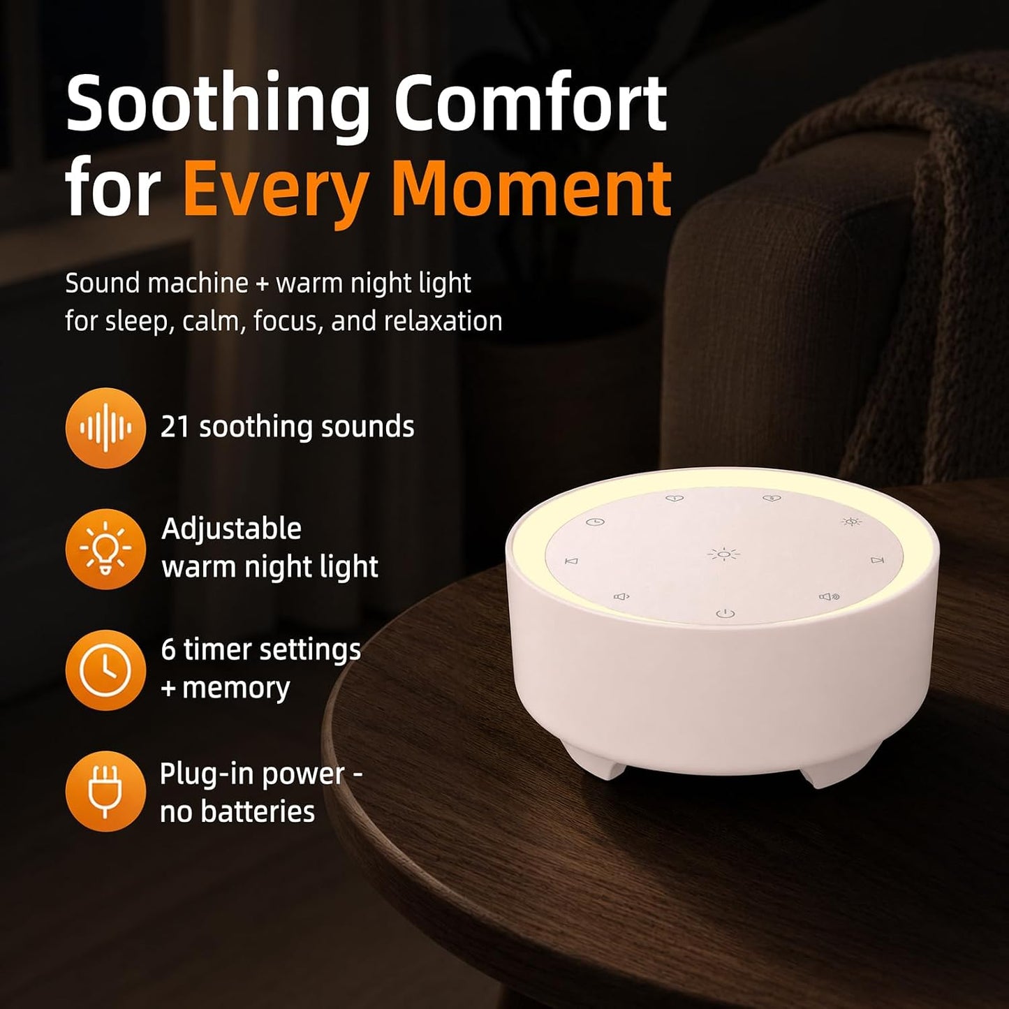 Kipcush White Noise Machine for Sleeping, Baby & Adults, High-Fidelity Non-Looping Sounds, Sleep Sound Machine with Dimmable Night Light, USB Powered, Memory Function, Home, Nursery & Travel