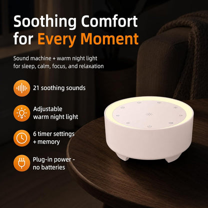Kipcush White Noise Machine for Sleeping, Baby & Adults, High-Fidelity Non-Looping Sounds, Sleep Sound Machine with Dimmable Night Light, USB Powered, Memory Function, Home, Nursery & Travel
