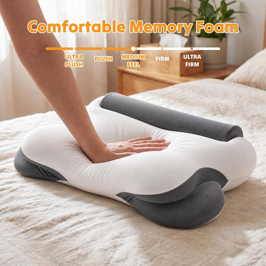 NEWBULIG Cervical Neck Pillow, Ergonomic Contour Memory Foam and Detachable Roll Pillow for Neck Pain Relief Side Back Stomach Sleepers with Cooling Breathable Cover