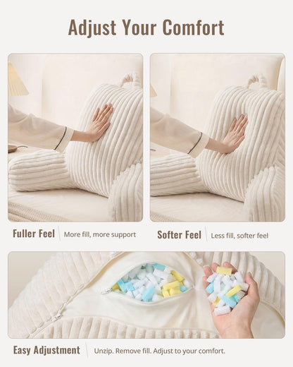 Blissful Diary Reading Pillow, Backrest Pillow with Shredded Memory Foam for Adult & Children, Designed for Bed and Couch Sitting Up, Includes Arms, Pockets and Washable Cover, Off White