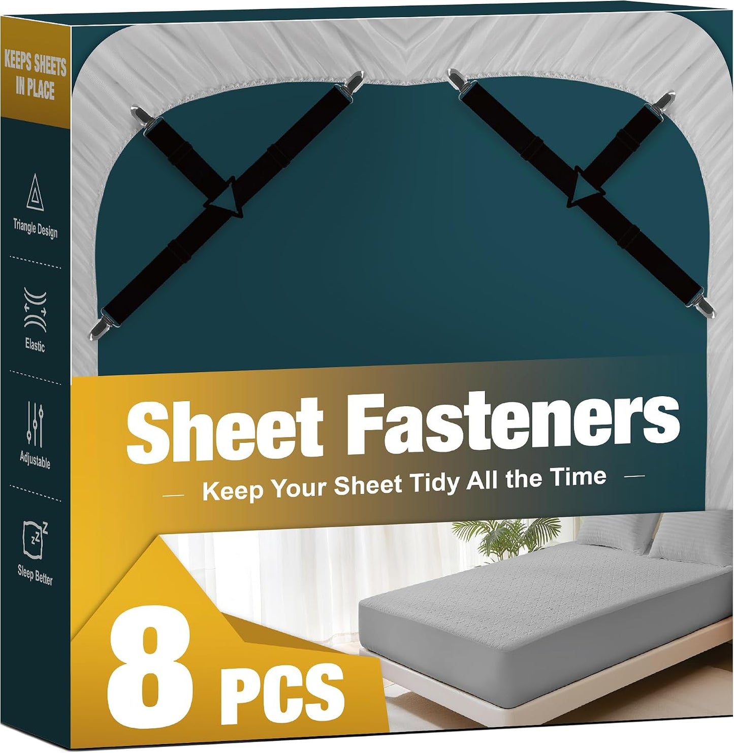 4 Pack Adjustable Elastic Straps with Metal Clips, Bed Sheet Fasteners, Bedding Suspenders for Mattress Covers, Bed Corner Holders and Keepers (White)