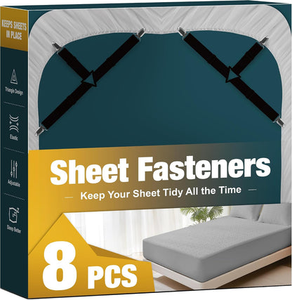 4 Pack Adjustable Elastic Straps with Metal Clips, Bed Sheet Fasteners, Bedding Suspenders for Mattress Covers, Bed Corner Holders and Keepers (White)